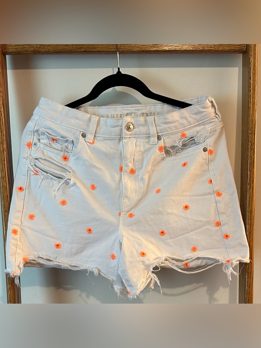 American Eagle Outfitters White Denim Shorts with Neon Orange Flowers